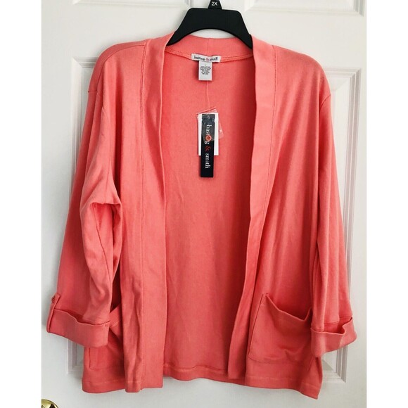 CARDIGAN WOMEN'S SWEATER OPEN FRONT PEACH BLOSSOM TWO POCKETS AT FRONT COLLARLES - Picture 1 of 6